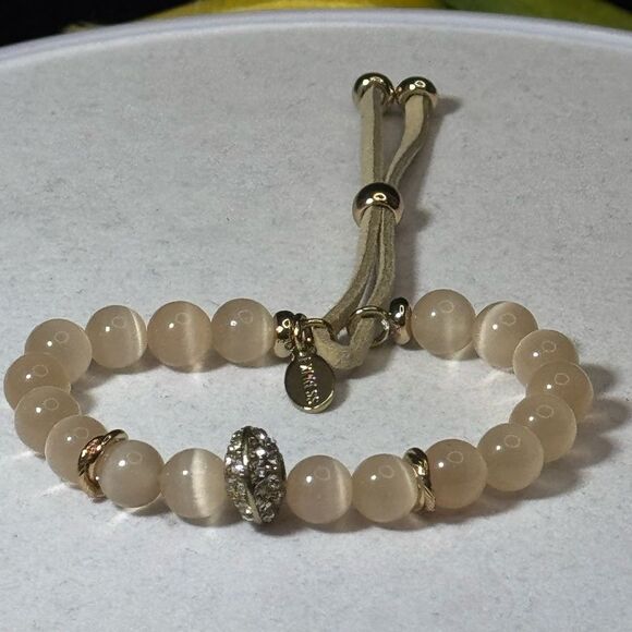 Express Crystal Glass Beads With Tan Pull Cord Slide Adjustable Bracelet NWOT - Picture 5 of 8